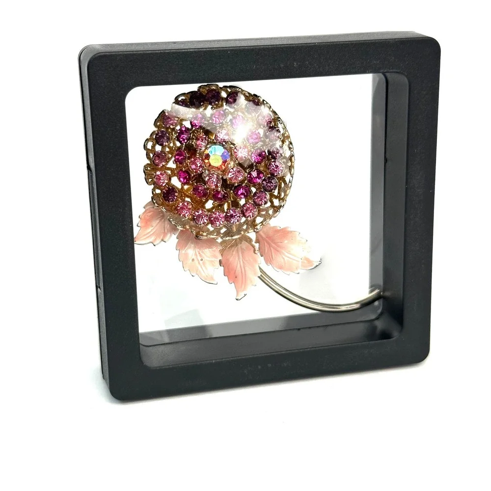 Vintage Gold Tone Purple Rhinestone Pink Enamel Leaf Floral Filigree Brooch Pin
